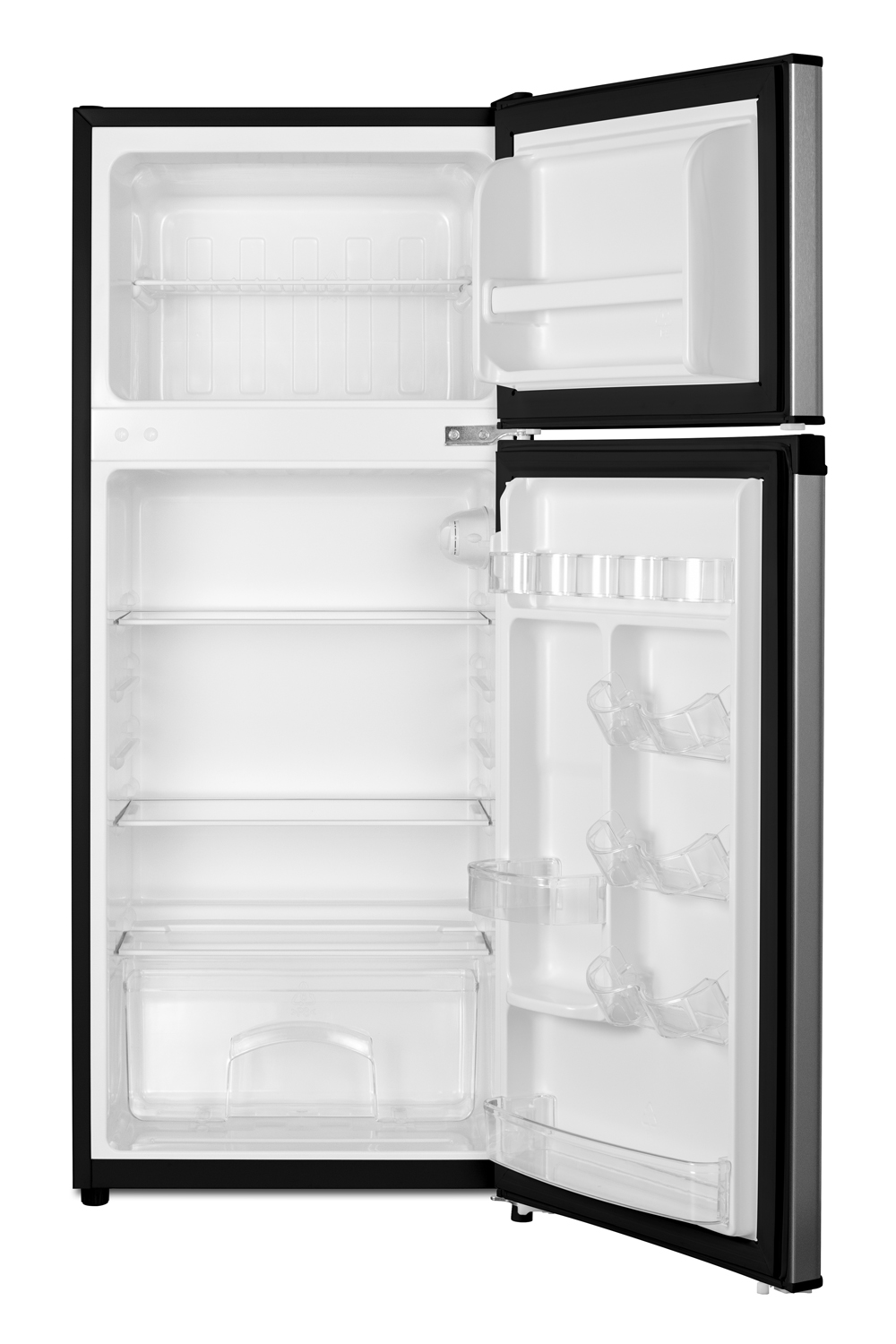 Two-door ENERGY STAR certified refrigerator-freezer in an ADA compliant height with user-reversible fingerprint-free stainless steel look doors, manual defrost, and dial thermostat